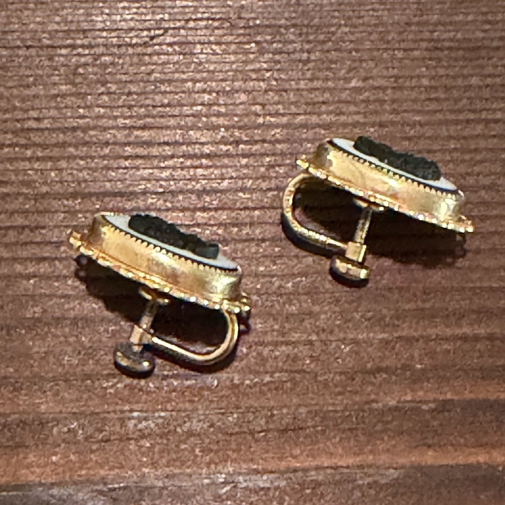 Vintage Elegant Gold and Black Cameo Screw Back Earrings - Picture 2 of 8